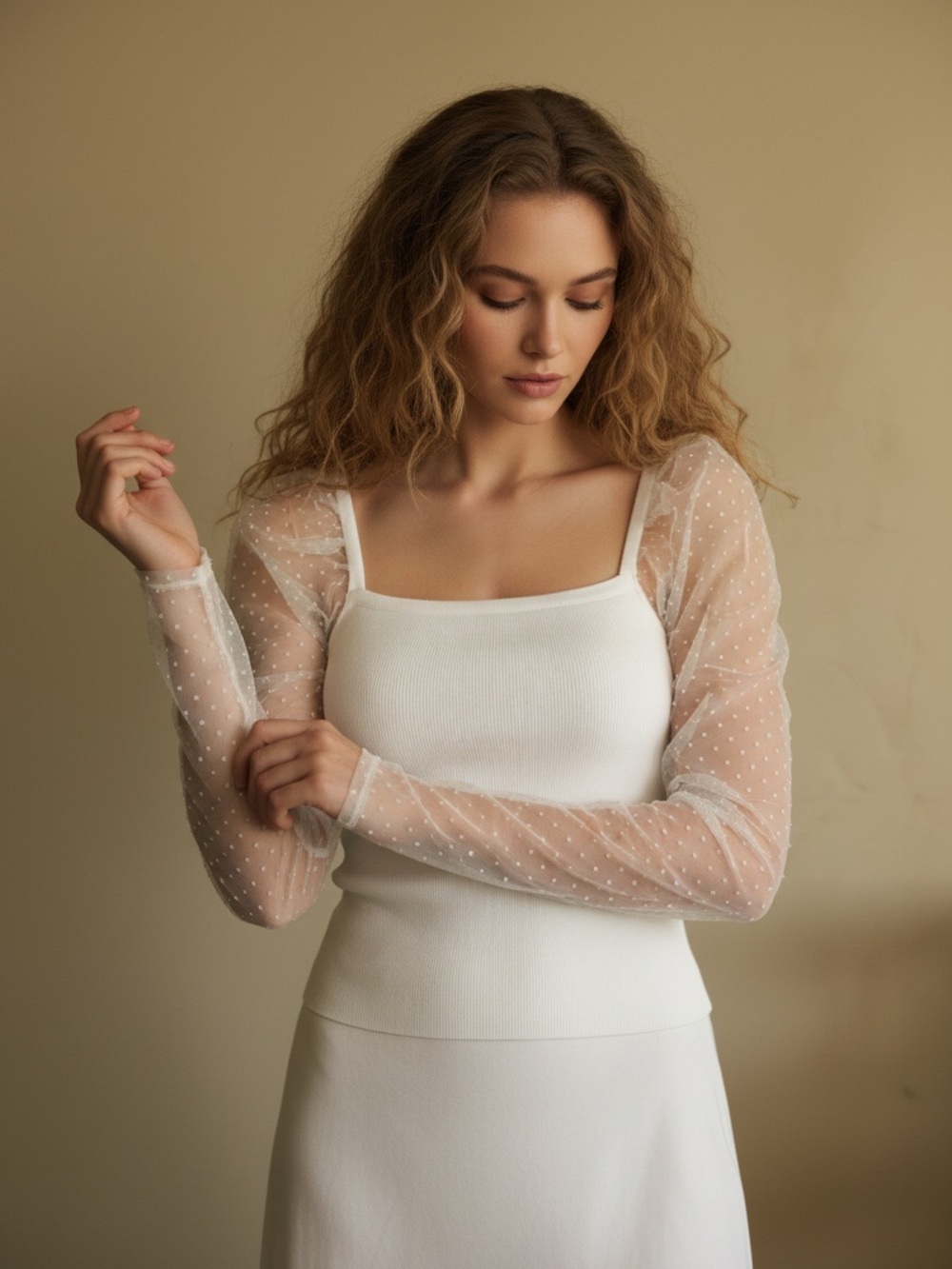 Swiss Dots Puff Sleeves Rib Knit Top